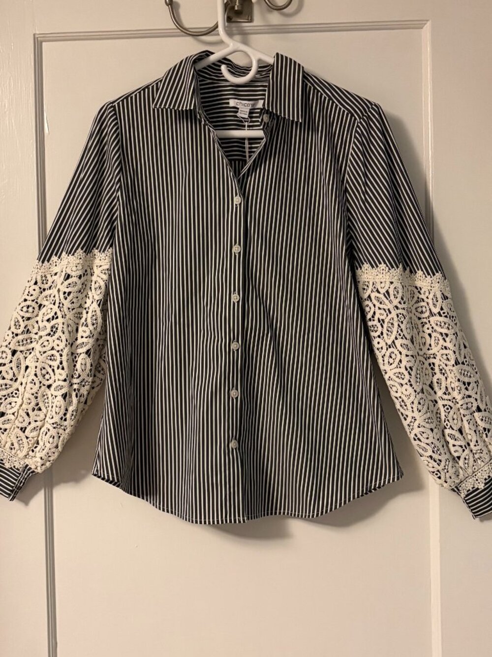 Chicos poplin stripe crochet sleeve button up shirt NWT size 0 lace boho western